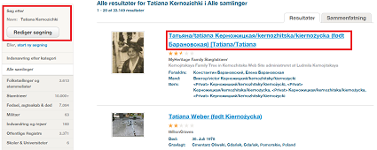 En søgning på Tatiana giver resultater på russisk med engelsk oversættelse (Klik for at zoome) 
