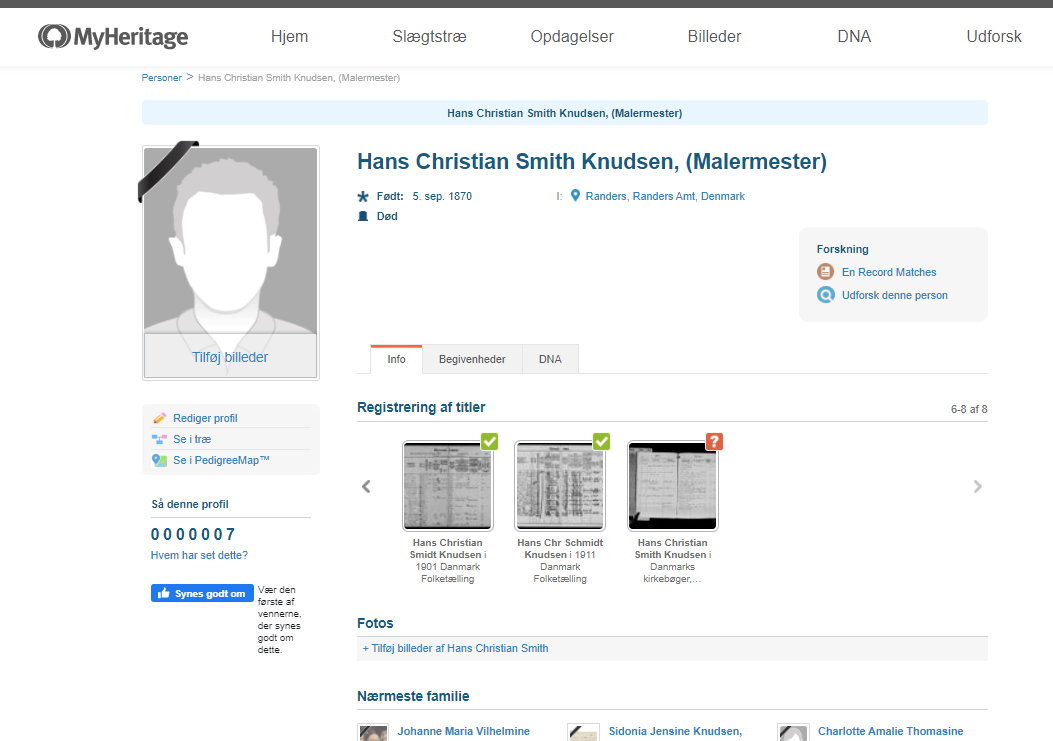 Personprofil for Hans Christian Smith Knudsen i kirkebog på MyHeritage