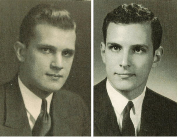 Far, W. Dale Brown (til venstre), omkring 20 år gammel i slutningen af 1930’erne og hans søn, Randall B. Brown, også omkring 20 år gammel i slutningen af 1960’erne. Hver især var derefter universitetsstuderende. [Indsendt af Randy Brown]