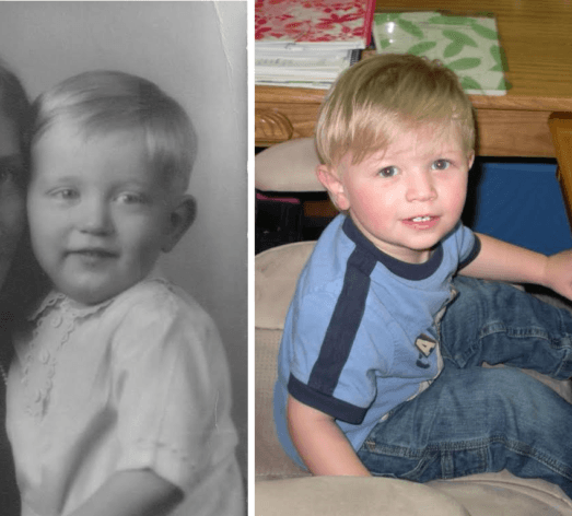 Gene Hilliard (til venstre) da han var omkring 2 år gammel, og hans barnebarn i samme alder. [Indsendt af Elizabeth Chantelle Kiphuth]