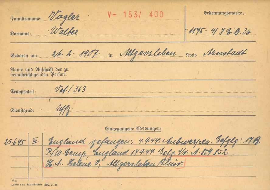 En optegnelse om Pers far Walter fra Bundesarchive, med oplysninger om hans skæbne som krigsfange