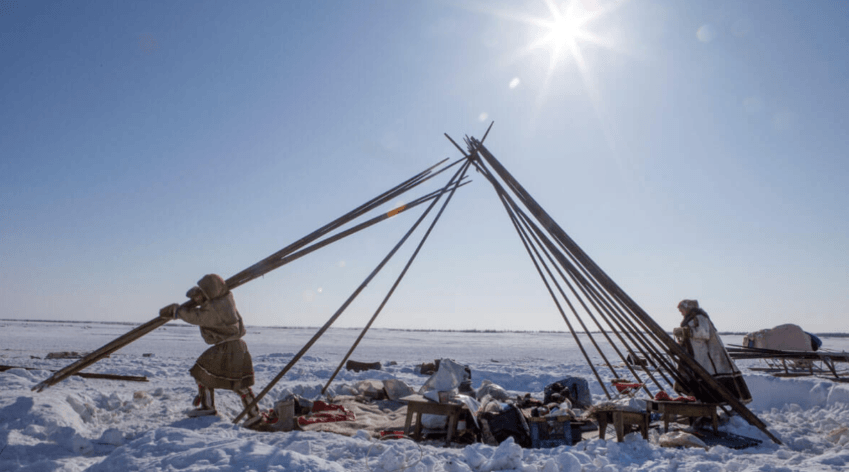 Familiemedlemmer fra Khudi-klanen opstiller deres chum – deres nomadiske telte.