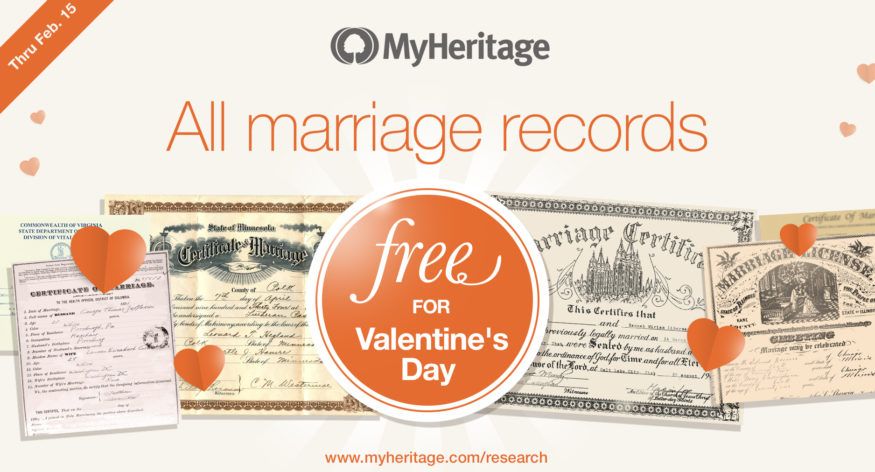 Der er kærlighed i luften: Gratis adgang til alle MyHeritage ægteskabsoptegnelser på valentinsdag!