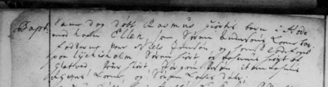 Vigtigt udtræk: Samme dag (Dom 1. Invo. 18/2-1714) døbt Rasmus Hiorts barn i Hoed med nafn Ellen, som Søren Svendsøns Kone bar.