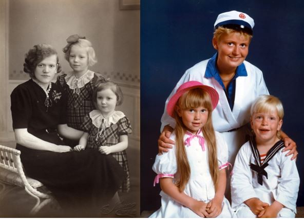 To familiefotos med ligheder: Marie Kathrine Hartmann med døtrene Ruth og Lissy i 1938 – og Ruths datter Helle med børnene Xenia og Alex i 1986.