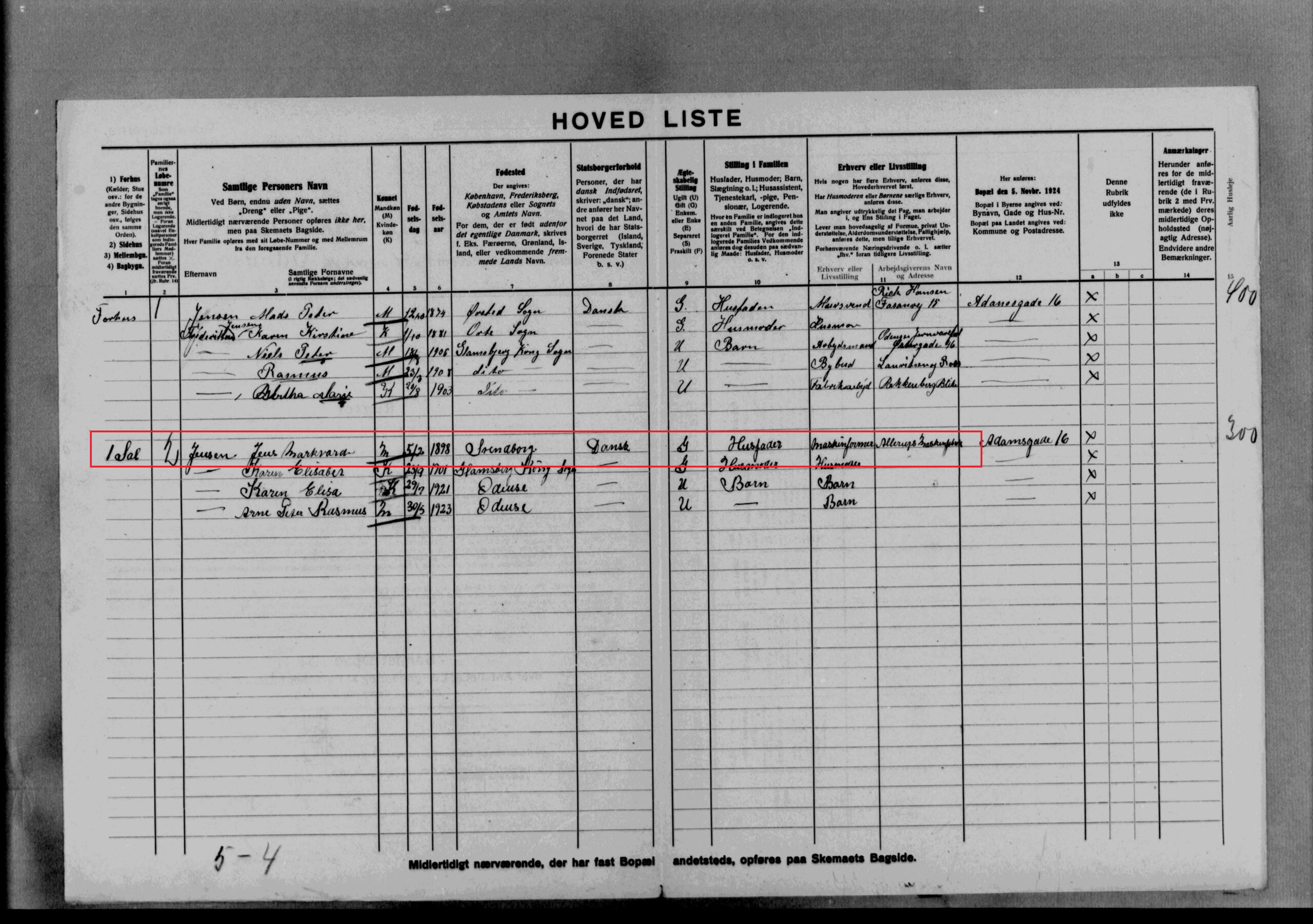 Jens Markvard Jensen, living at Adamsgade 16 in Odense with his wife and 2 children, in 1925. Credit: 1925 Denmark Census on MyHeritage