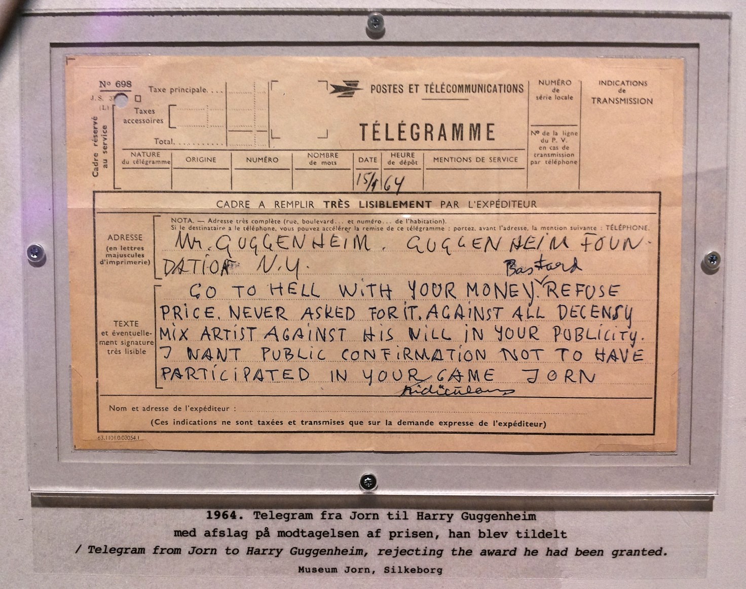 Asger Jorns telegram til Guggenheim