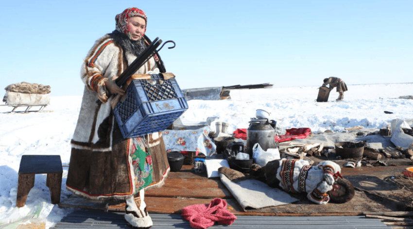 En Nenets-kvinde pakker sine ting i forberedelse til migration.