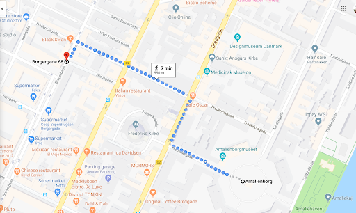 Google Maps image of the walk from Anne Margrethe’s residence to the Royal Palace in Copenhagen