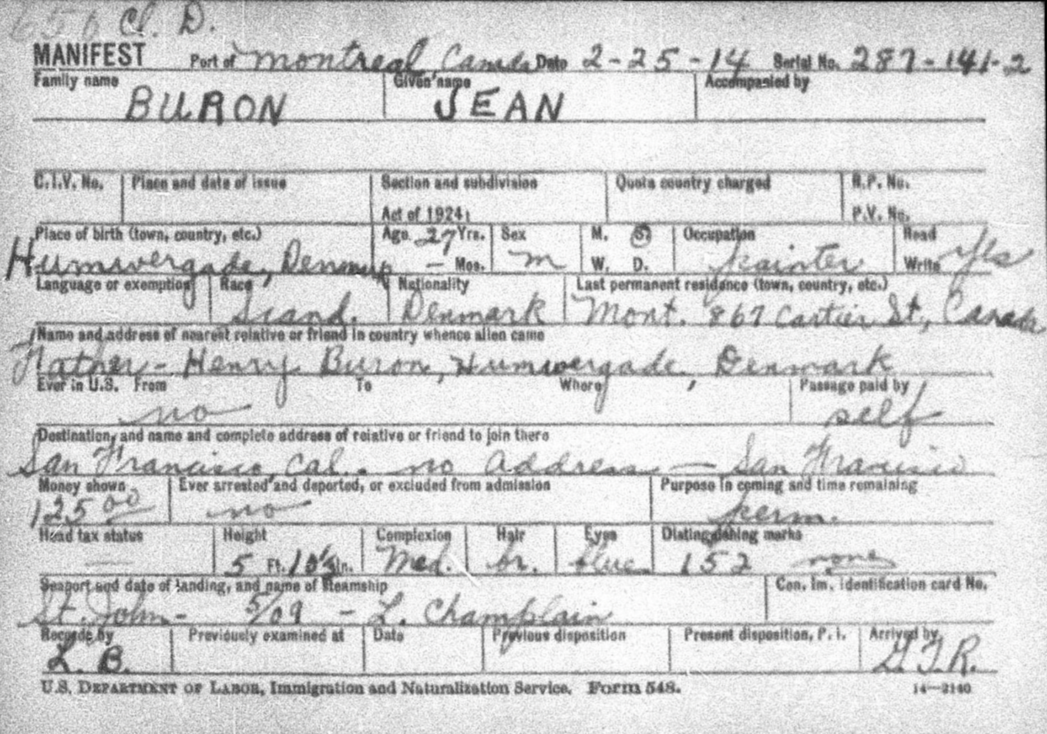 Her ses Jean Hersholts indvandring til USA, da han rejser fra Canada til USA med 125 dollars på lommen.