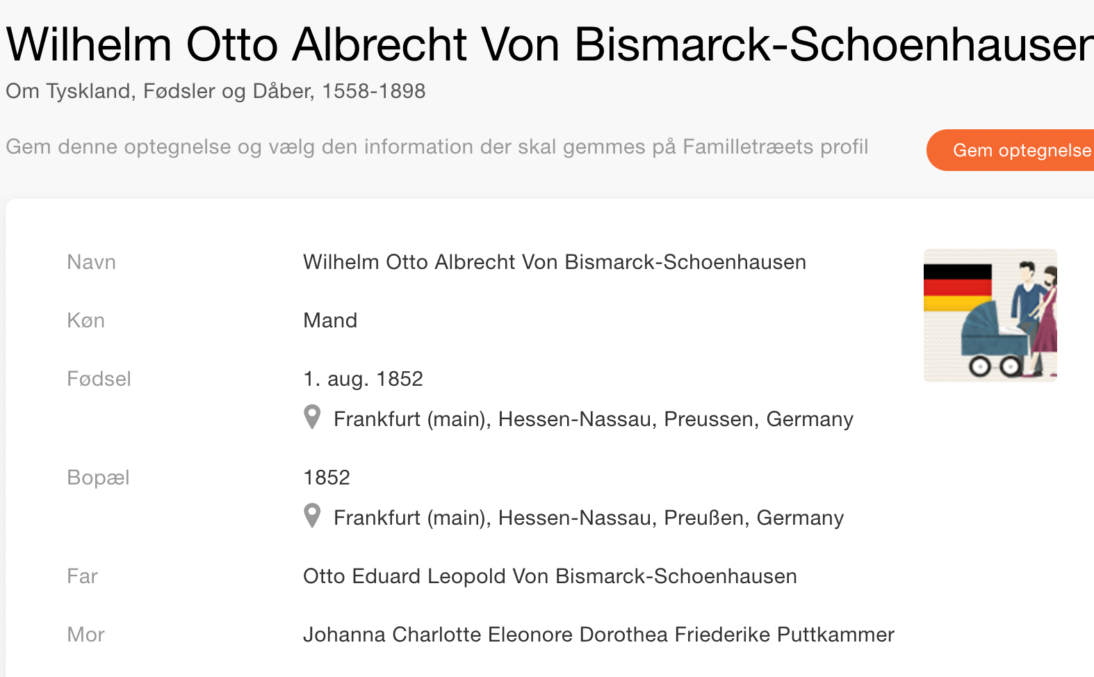 Fødselsoptegnelse for Wilhelm Otto Albrecht Von Bismarck-Schoenhausen (Otto Von Bismarcks søn) (Kilde: MyHeritage Tyskland, Fødsler og Dåber, 1558-1898)